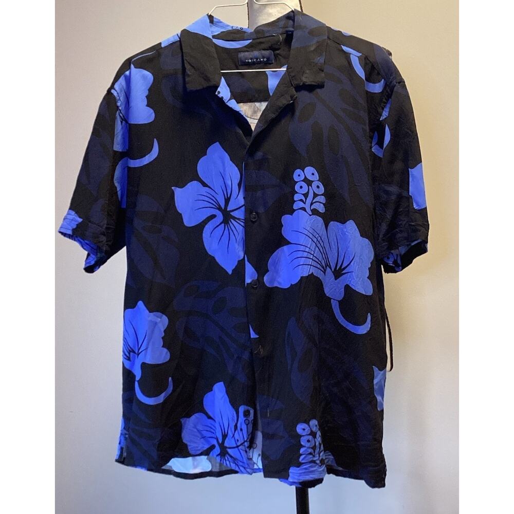 Toscano Shirt Mens XL Blue Rayon Floral Short Sleeve Button Up Side Slits